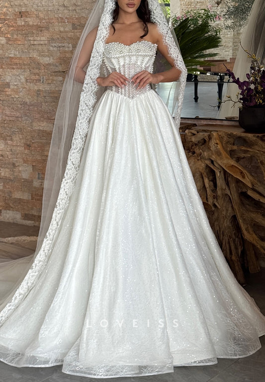 Sweetheart Pearl Lace Appliques A-Line Wedding Dress