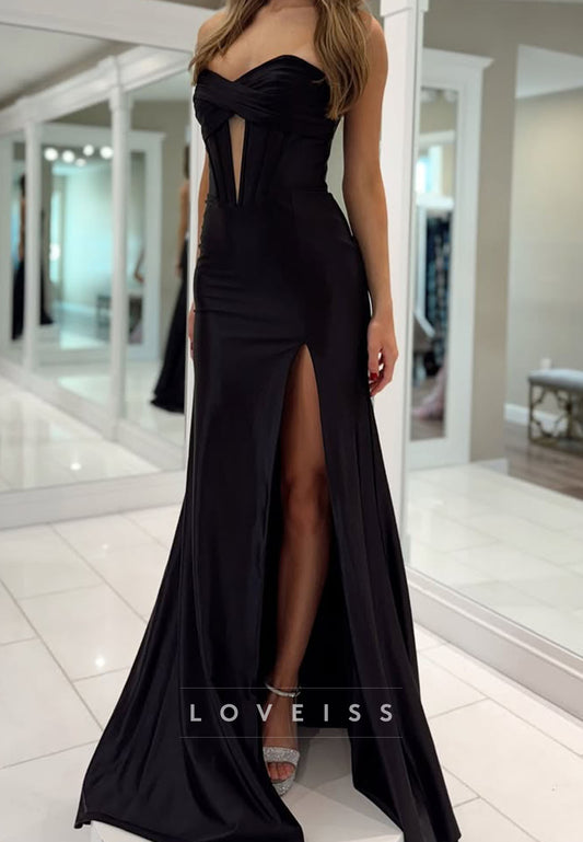 Sweetheart Pleated Illusion Sleek Sheath Prom Dress
