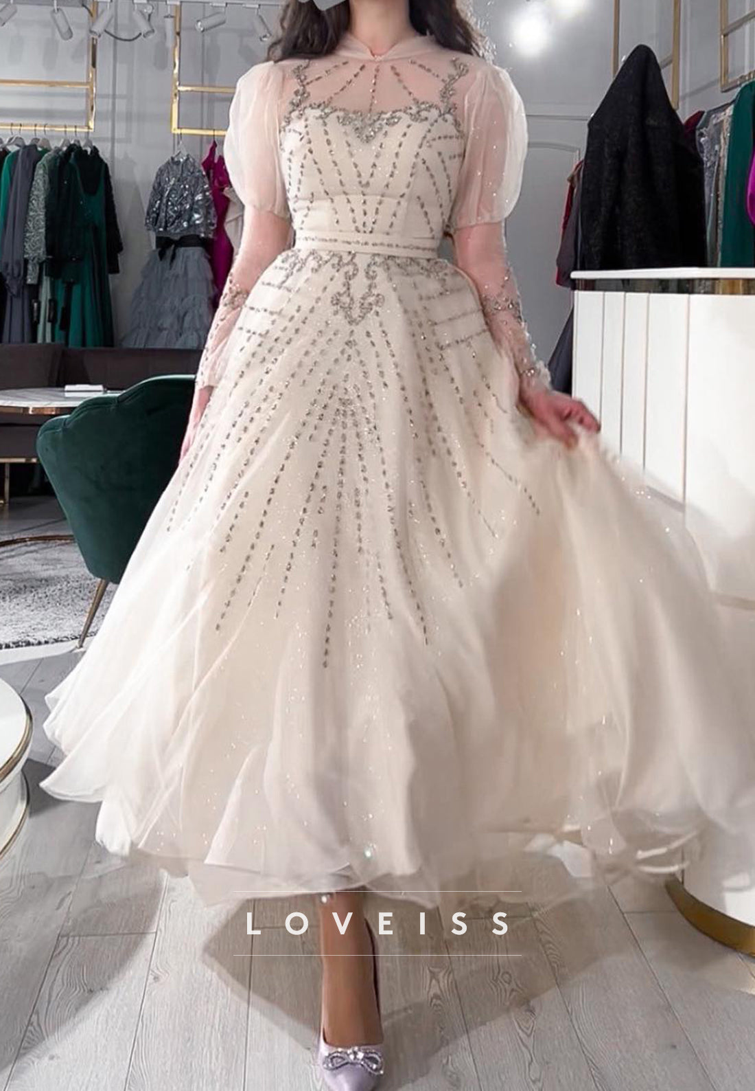Sweetheart Puff Sleeves Beaded A-Line Midi Prom Dress