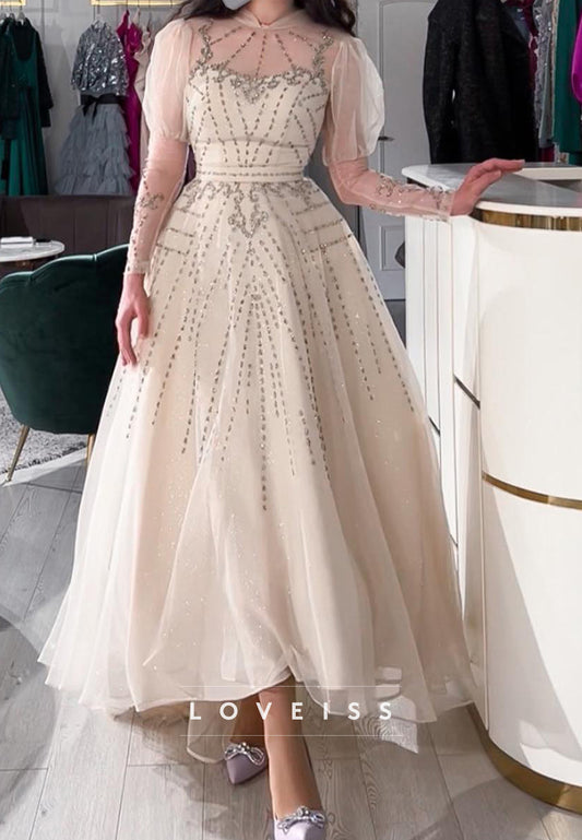 Sweetheart Puff Sleeves Beaded A-Line Midi Prom Dress