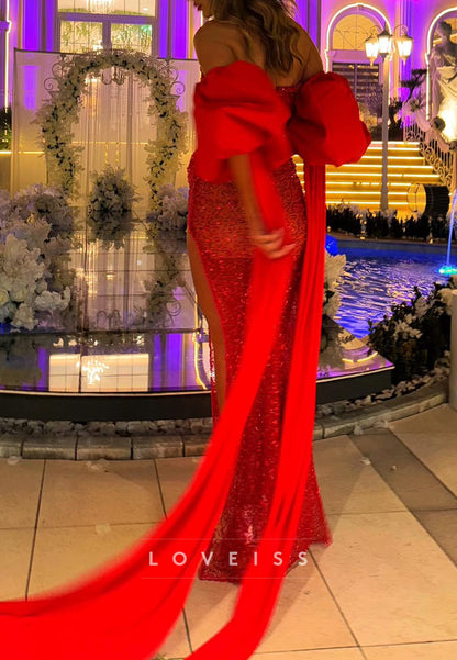 Sweetheart Puff Sleeves Beaded Embroidery Sparkly Sheath Prom Dress