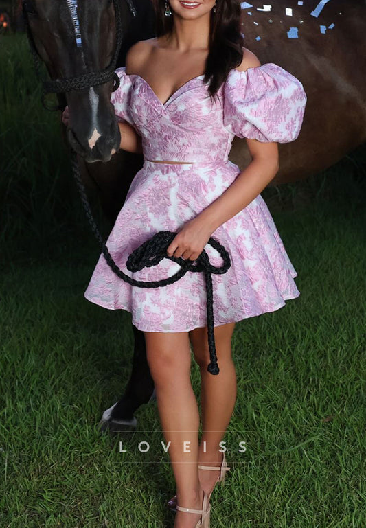 Sweetheart Puff Sleeves Floral Printed A-Line Party Homecoming Dress