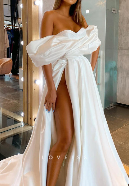Sweetheart Puff Sleeves Pleated A-Line Wedding Dress