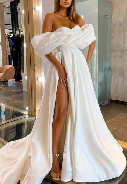 Sweetheart Puff Sleeves Pleated A-Line Wedding Dress