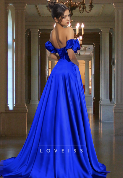 Sweetheart Puff Sleeves Pleated Satin A-Line Prom Dress