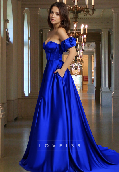 Sweetheart Puff Sleeves Pleated Satin A-Line Prom Dress