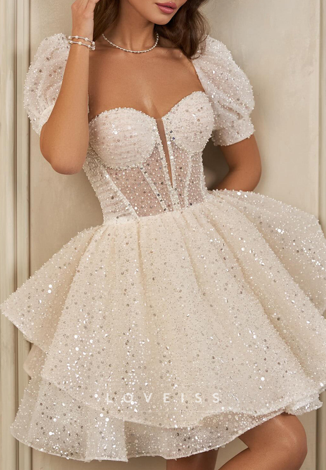 short beach wedding dresses with sleeves A-line V-neck Short Sleeves Beading Sweep Train Chiffon Beach Wedding Dress-709205