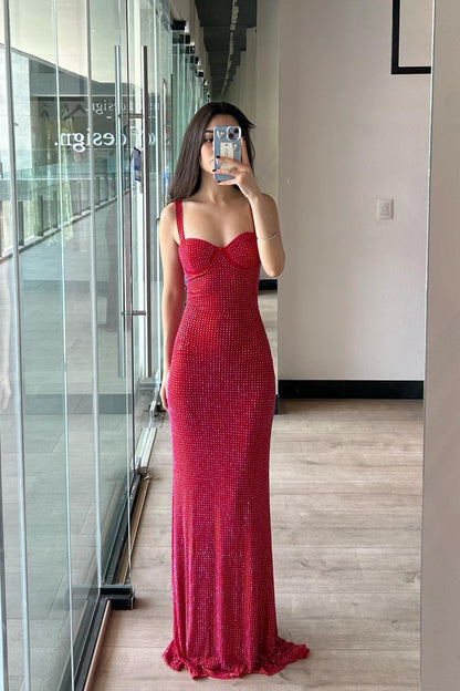 Sweetheart Red Embellished Column Long Dress