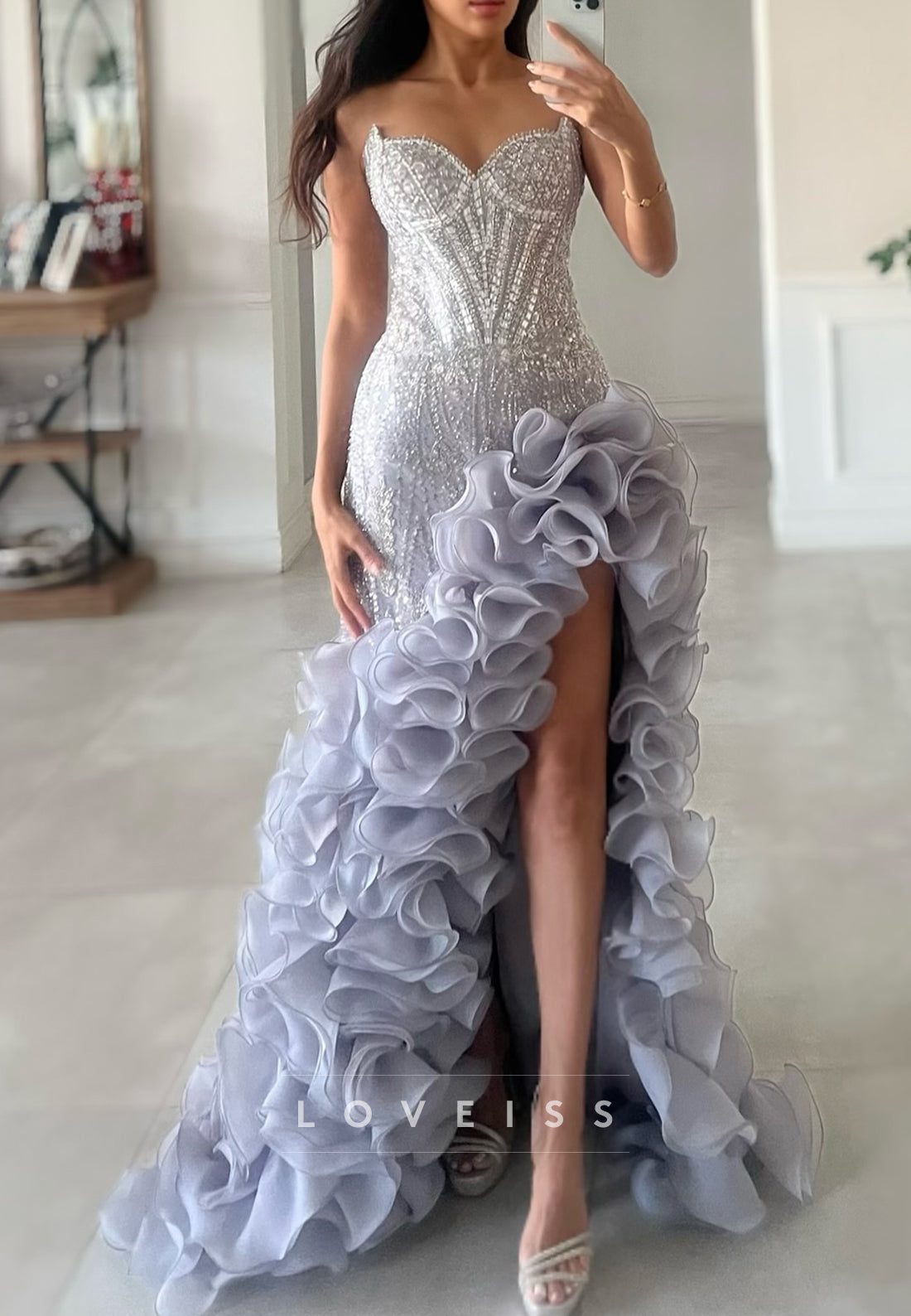 Sweetheart Ruffles Beaded Side Slit Sheath Prom Dress