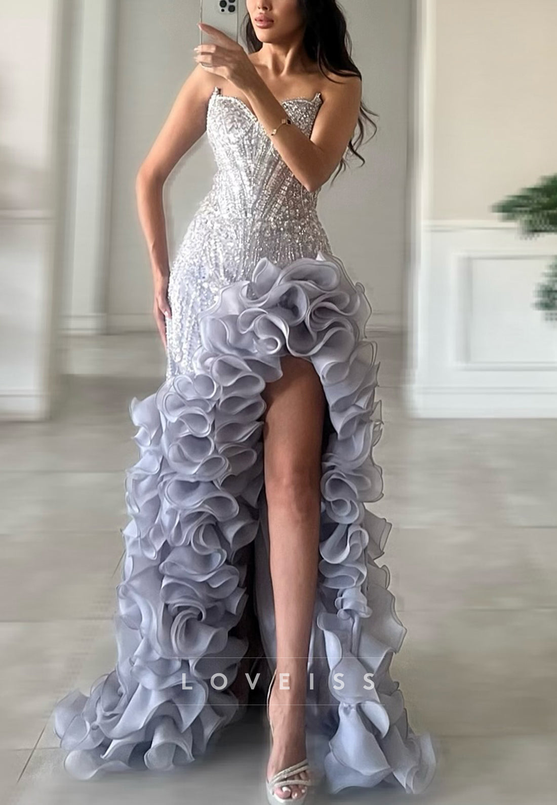 Sweetheart Ruffles Beaded Side Slit Sheath Prom Dress