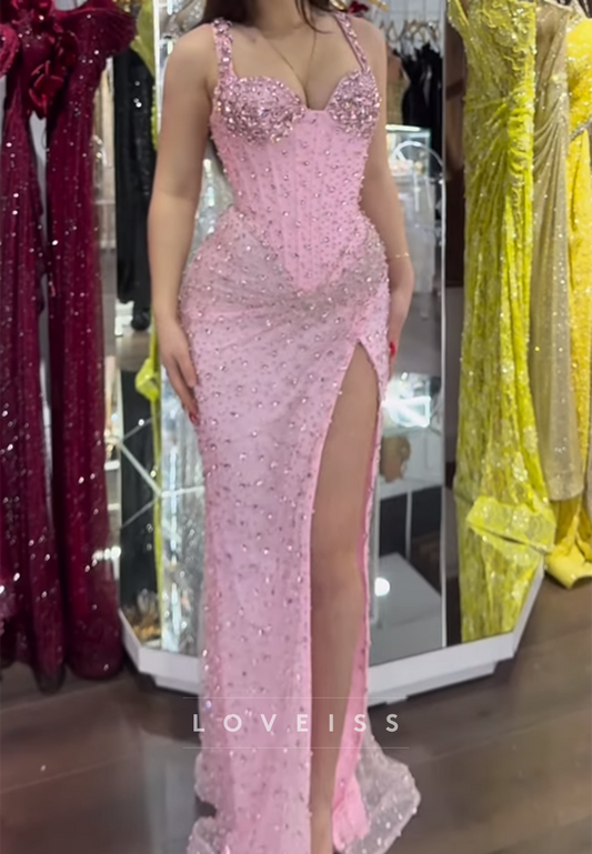 Sweetheart Saprkly Side Slit Straps Sheath Prom Dress