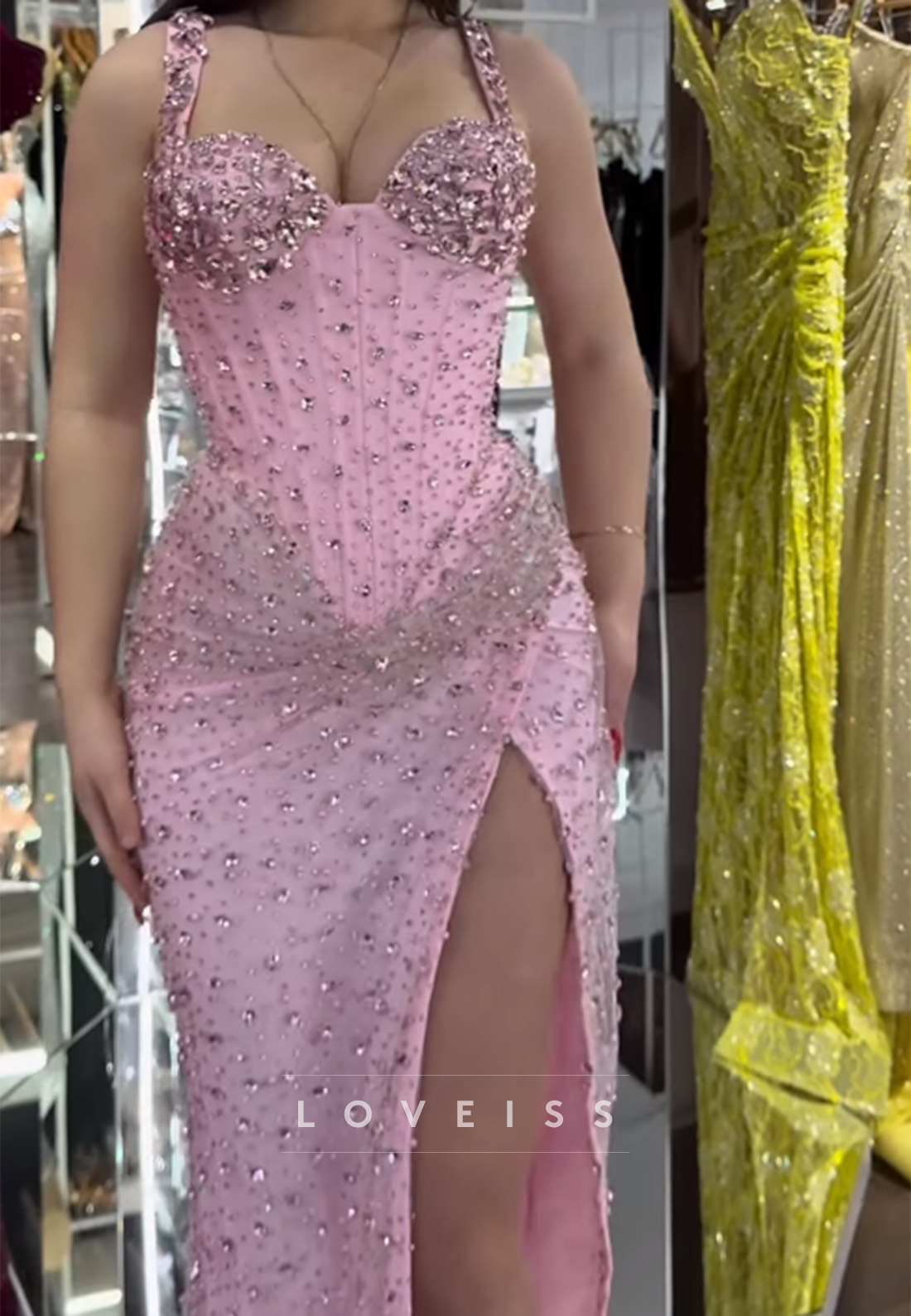 Sweetheart Saprkly Side Slit Straps Sheath Prom Dress