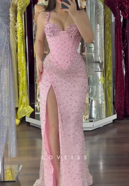 Sweetheart Saprkly Side Slit Straps Sheath Prom Dress