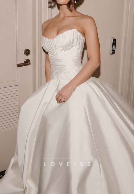 Sweetheart Satin Pleated Sleek A-Line Wedding Dress