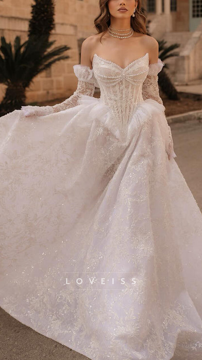 Sweetheart Sequins Appliques A-Line Wedding Dress with Gloves