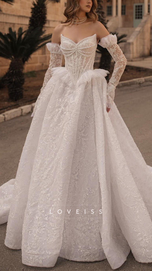 Sweetheart Sequins Appliques A-Line Wedding Dress with Gloves