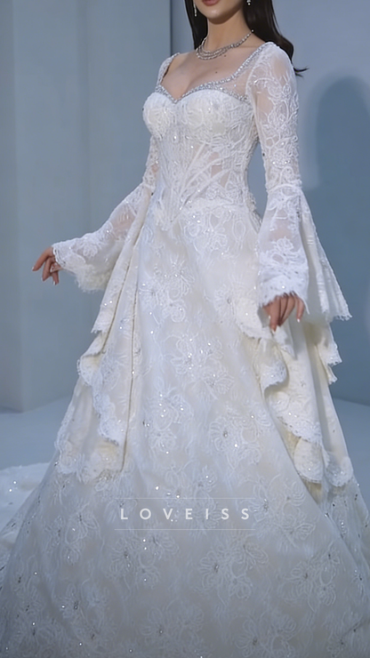 Sweetheart Sequins Appliques Long Sleeves A-Line Wedding Dress