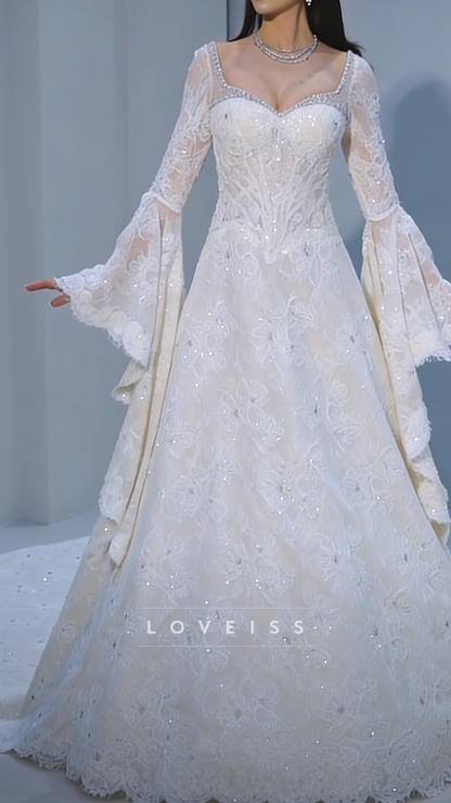 Sweetheart Sequins Appliques Long Sleeves A-Line Wedding Dress