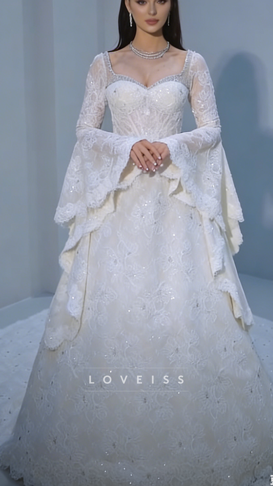 Sweetheart Sequins Appliques Long Sleeves A-Line Wedding Dress