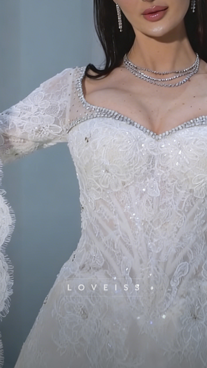 Sweetheart Sequins Appliques Long Sleeves A-Line Wedding Dress