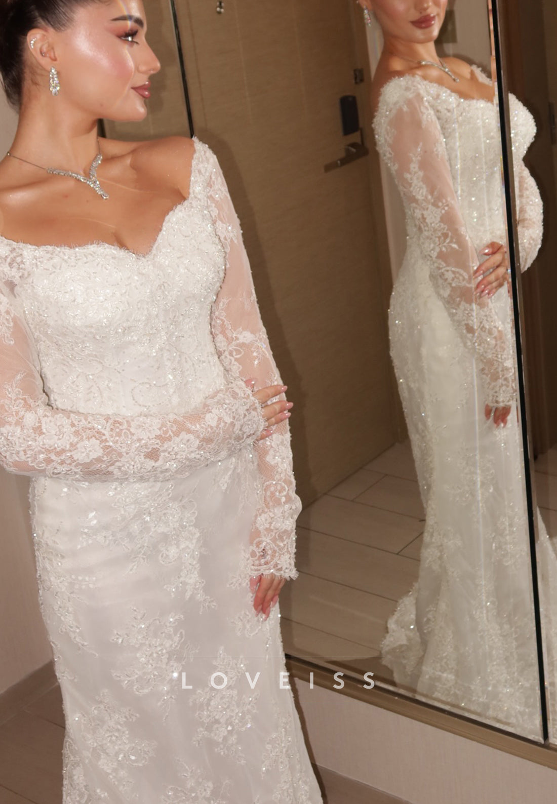 Sweetheart Sequins Appliques Long Sleeves Mermaid Wedding Dress