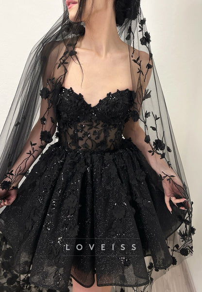 Sweetheart Sequins Appliques Short Black Wedding Dress