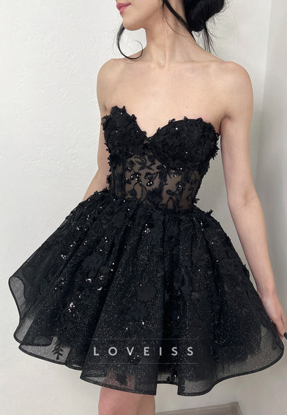 Sweetheart Sequins Appliques Short Black Wedding Dress