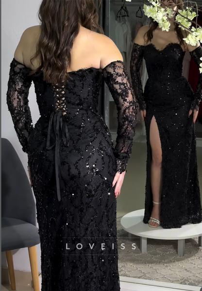 Sweetheart Sequins Appliques Side Slit Sheath Prom Dress with Gloves