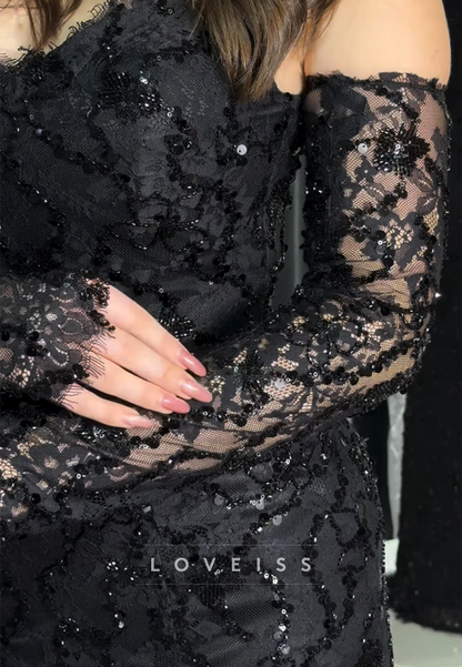 Sweetheart Sequins Appliques Side Slit Sheath Prom Dress with Gloves