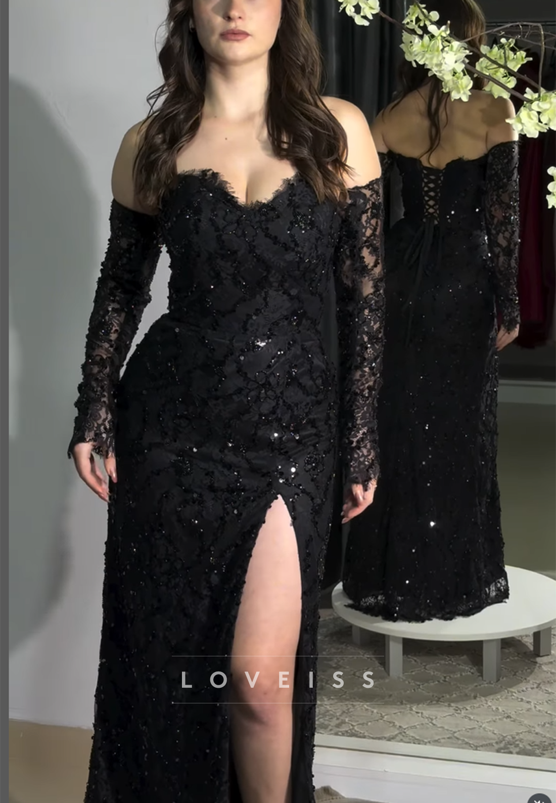 Sweetheart Sequins Appliques Side Slit Sheath Prom Dress with Gloves