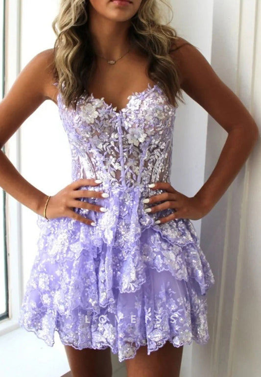 Sweetheart Sequins Appliques Tiered A-Line Party Homecoming Dress