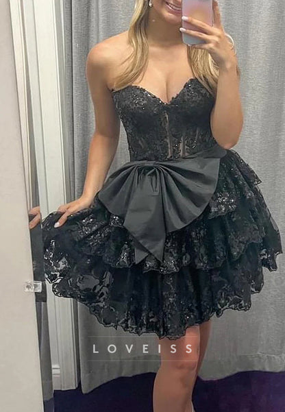 Sweetheart Sequins Appliques Tiered A-Line Short Party Homecoming Dress