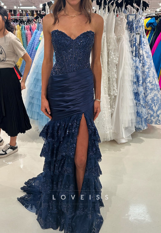 Sweetheart Sequins Appliques Tiered Mermaid Prom Dress