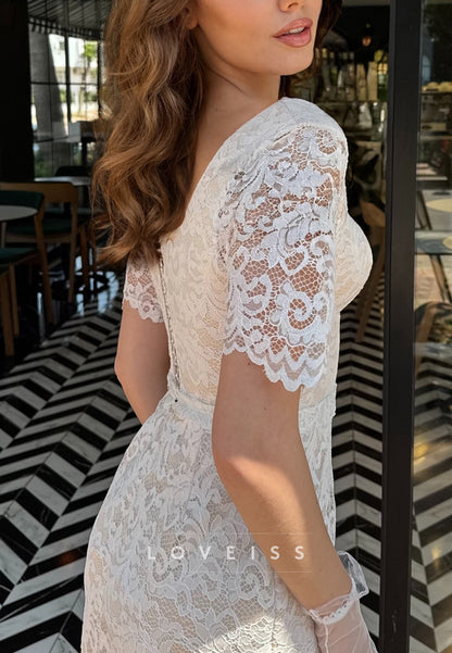 Sweetheart Short Sleeevs Lace Appliques Sheath Wedding Dress