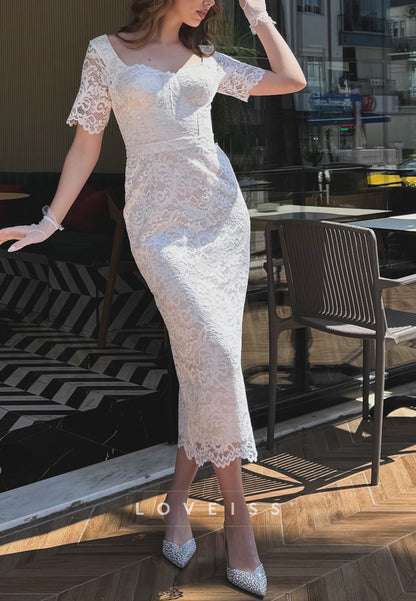 Sweetheart Short Sleeevs Lace Appliques Sheath Wedding Dress