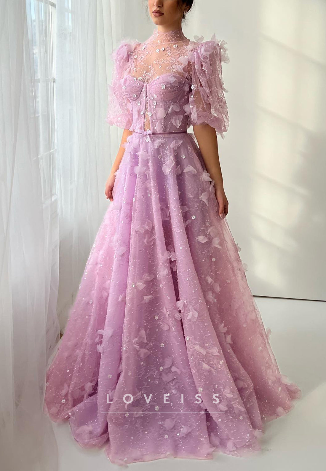Sweetheart Short Sleeves Floral Embellished A-Line Prom Dress