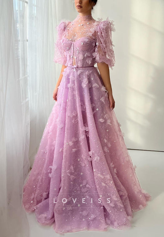 Sweetheart Short Sleeves Floral Embellished A-Line Prom Dress