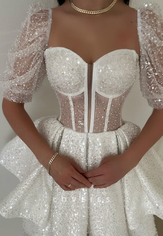 Sweetheart Short Sleeves Sequins A-Line Party Homecoming Dress