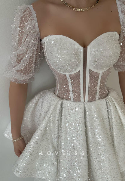Sweetheart Short Sleeves Sequins A-Line Party Homecoming Dress
