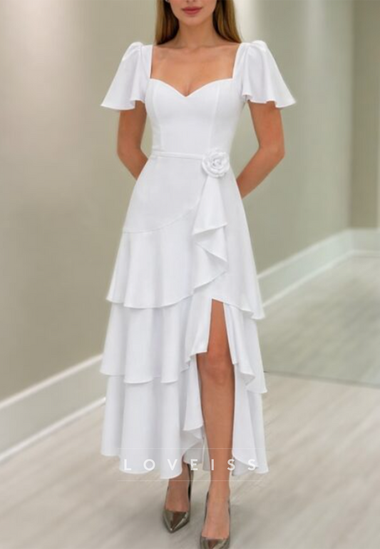 Sweetheart Short Sleeves Tiered A-Line Wedding Dress