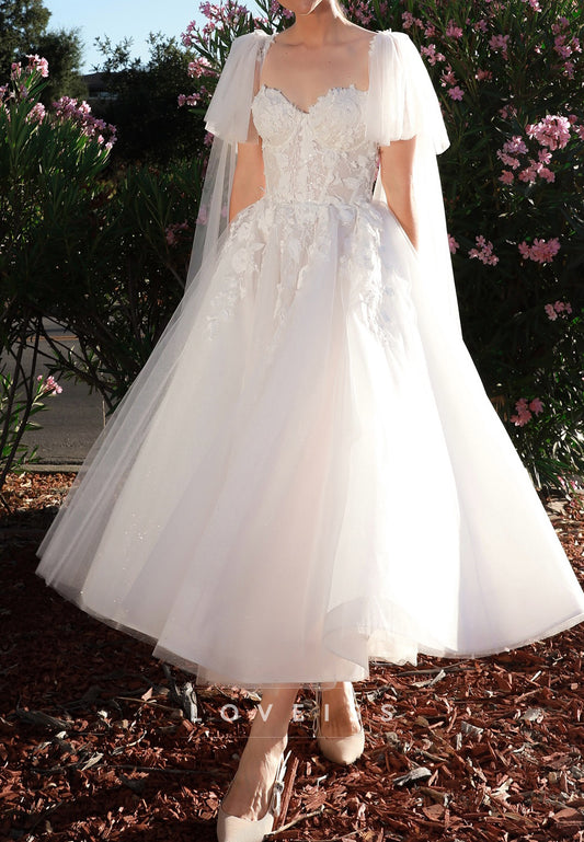 Sweetheart Short Sleeves Tulle Appliques Ball Gown Wedding Dress