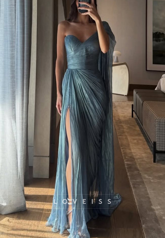 Sweetheart Side Slit Pleated Sheath Evening Dress