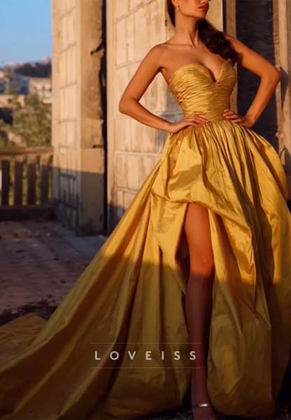 Sweetheart Side Slit Ruched Pleated A-Line Gold Prom Dress