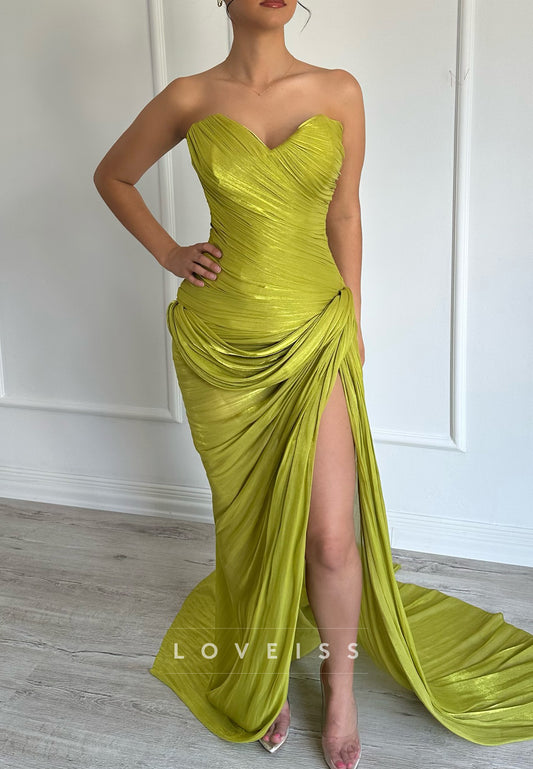 Sweetheart Side Slit Strapless Pleated Sheath Evening Dress