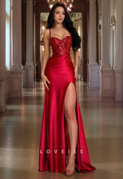 Sweetheart Sleeveless Appliques High Slit Prom Dress