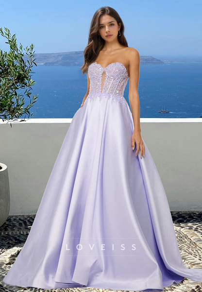 Sweetheart Sleeveless Appliques Pleated Satin A-Line Prom Dress