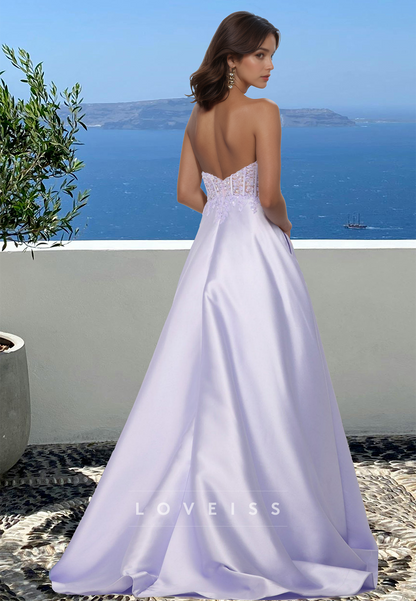 Sweetheart Sleeveless Appliques Pleated Satin A-Line Prom Dress