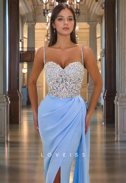 Sweetheart Sleeveless Appliques Ruched High Slit Prom Dress