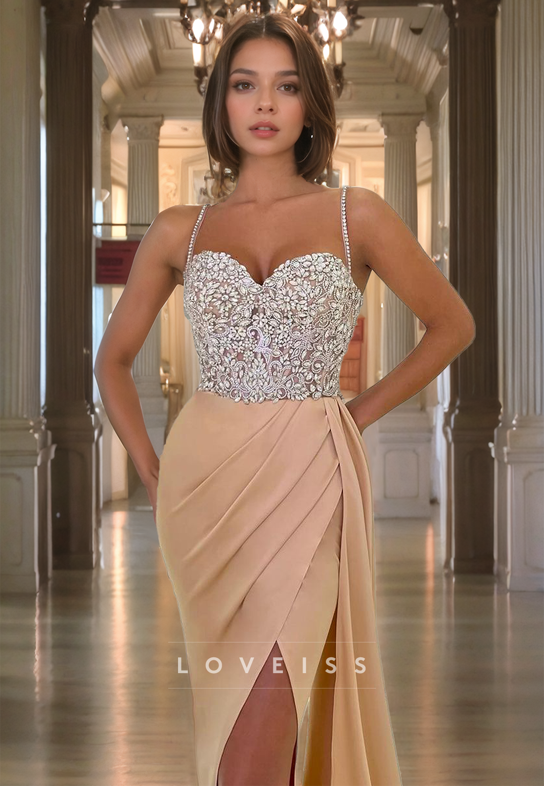 Sweetheart Sleeveless Appliques Ruched High Slit Prom Dress