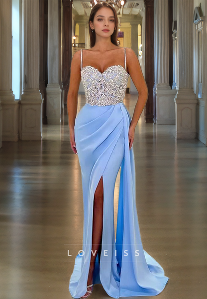 Sweetheart Sleeveless Appliques Ruched High Slit Prom Dress